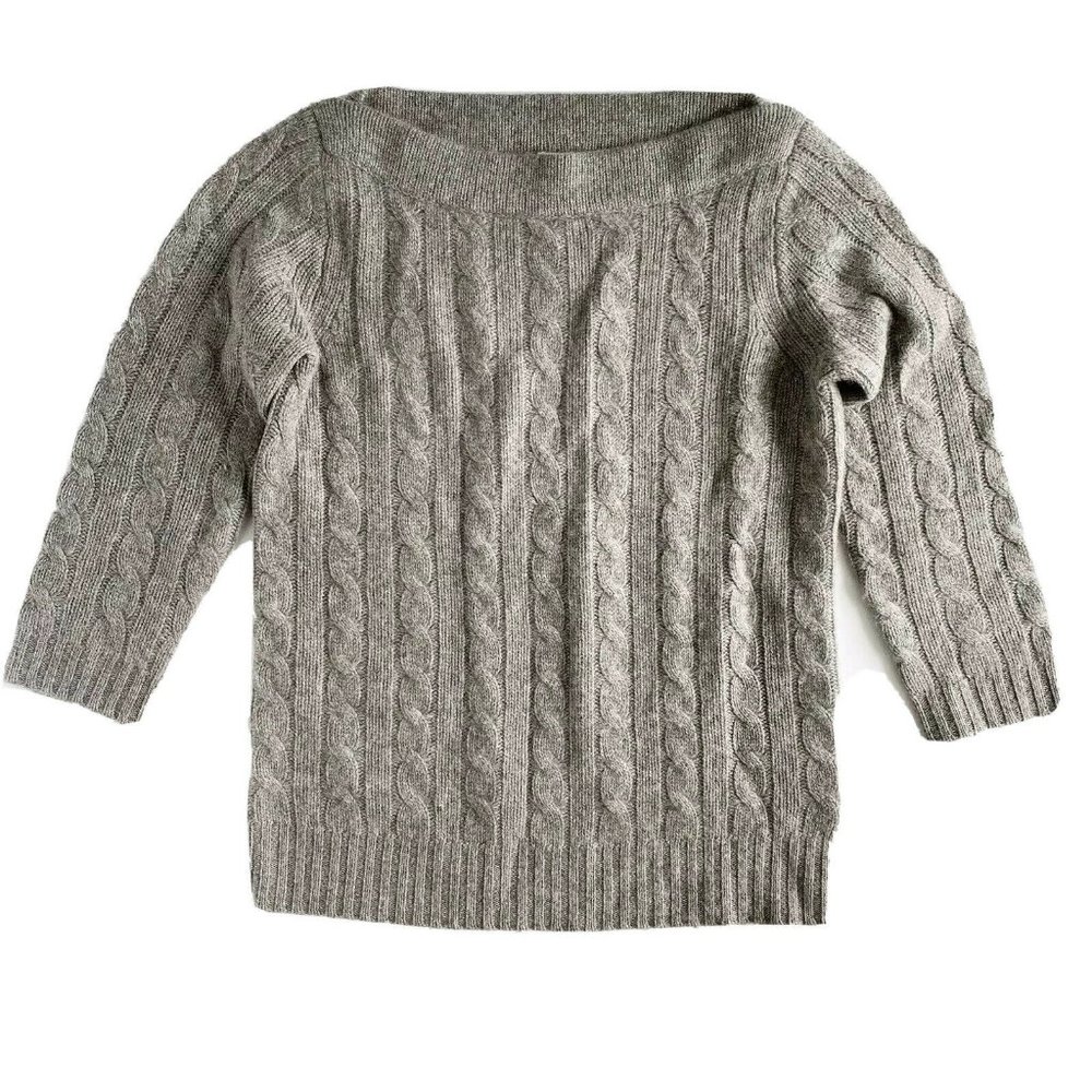 100% Cashmere Gray Cable Knit 3/4 Sleeve Sweater